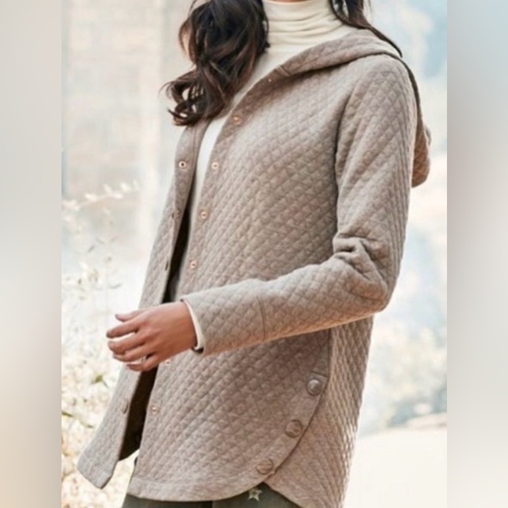 Soft Surroundings Favorite Lounge Cardi Quilted Jacket Tan Snap Button Down Sz L